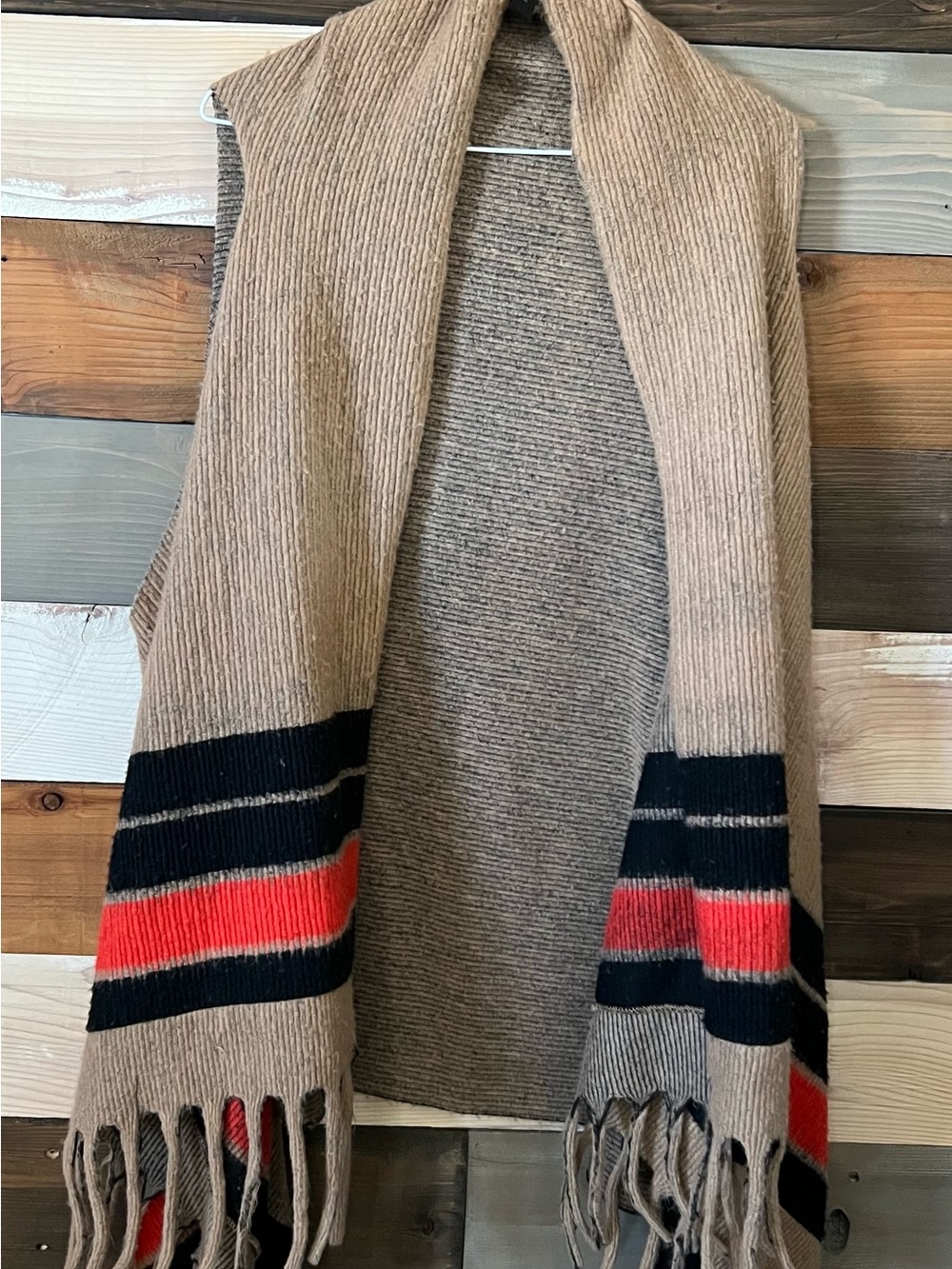 Lane Bryant Beige Fringe Open Cardigan with Black and Red Stripes